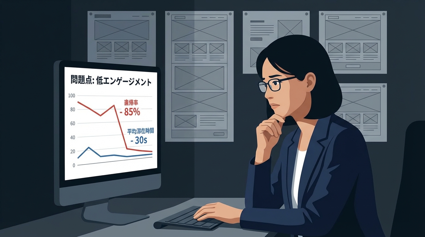 ウェブサイトの直帰率の高さに悩むコンテンツマーケターのイラスト。予測可能なコンテンツ構造が原因であることを示唆している。