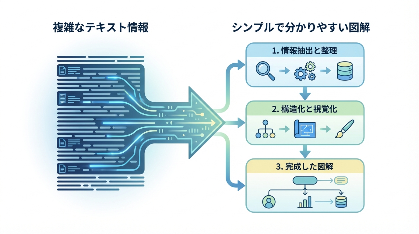 AIを活用して複雑なテキスト情報から分かりやすい図解を自動生成するプロセスを示したインフォグラフィック。読者の理解度向上に繋がる。