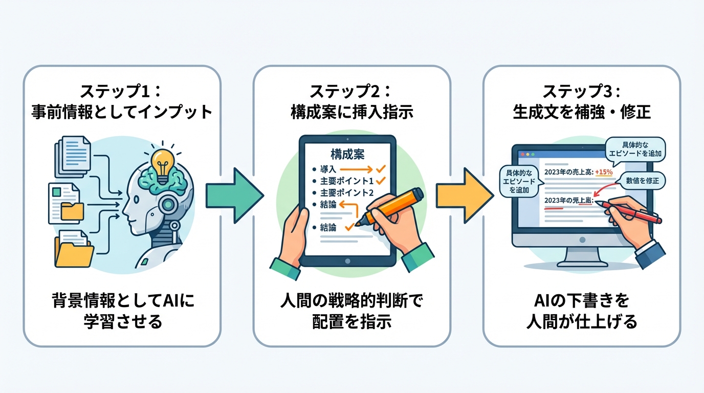 AI記事に独自データを反映させるための3ステップ戦略。ステップ1で事前情報としてインプットし、ステップ2で構成案への挿入を指示、ステップ3で生成文を補強・修正する流れを示した図解。