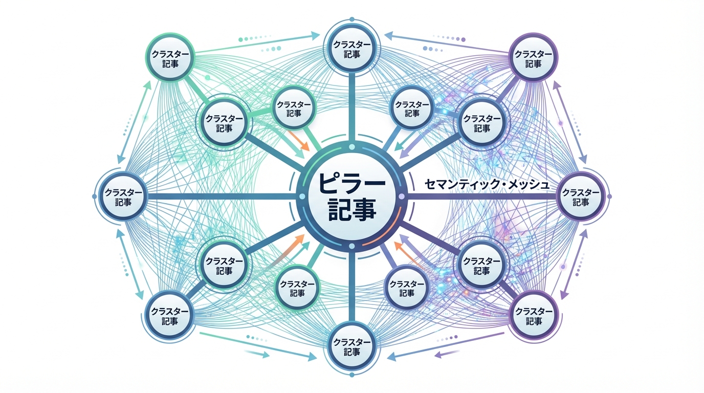 セマンティック・メッシュ・バイパスモデルの概念図。中心のピラー記事とクラスター記事が基本構造をなし、さらに記事同士がAIによって網の目状の内部リンクで結ばれている様子を示している。