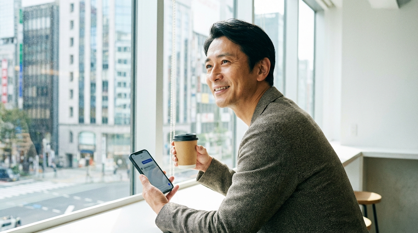 カフェでリラックスする経営者。非同期AIを使い、隙間時間で仕事を指示した後の解放感を象徴している。