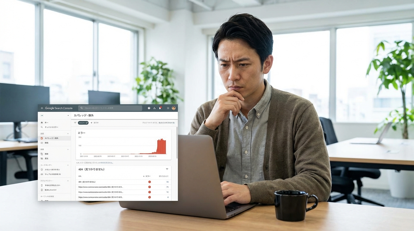 Google Search Consoleでリンク切れ（404エラー）を確認しているウェブサイト管理者の様子。