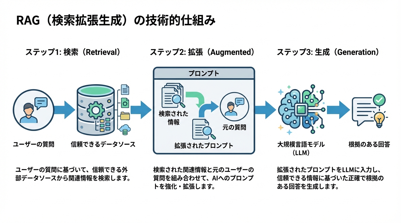 RAG（検索拡張生成）の仕組みを図解したフローチャート。ユーザーの質問からデータソースを検索し、得られた情報でプロンプトを拡張、その情報に基づいてAIが回答を生成する3つのステップを示している。