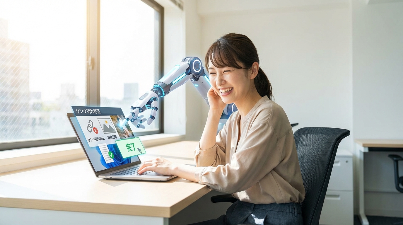 AIによってWordPressの雑務から解放され、安堵の表情を浮かべるWeb担当者の女性。背後ではAIを象徴するロボットアームが自動で修正作業を行っている。