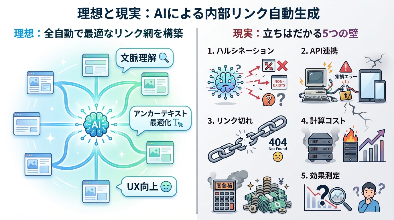 AIによる内部リンク自動生成が目指す理想的な未来と、ハルシネーションやコストなど現実的に存在する5つの技術的・運用的課題を比較したインフォグラフィック。