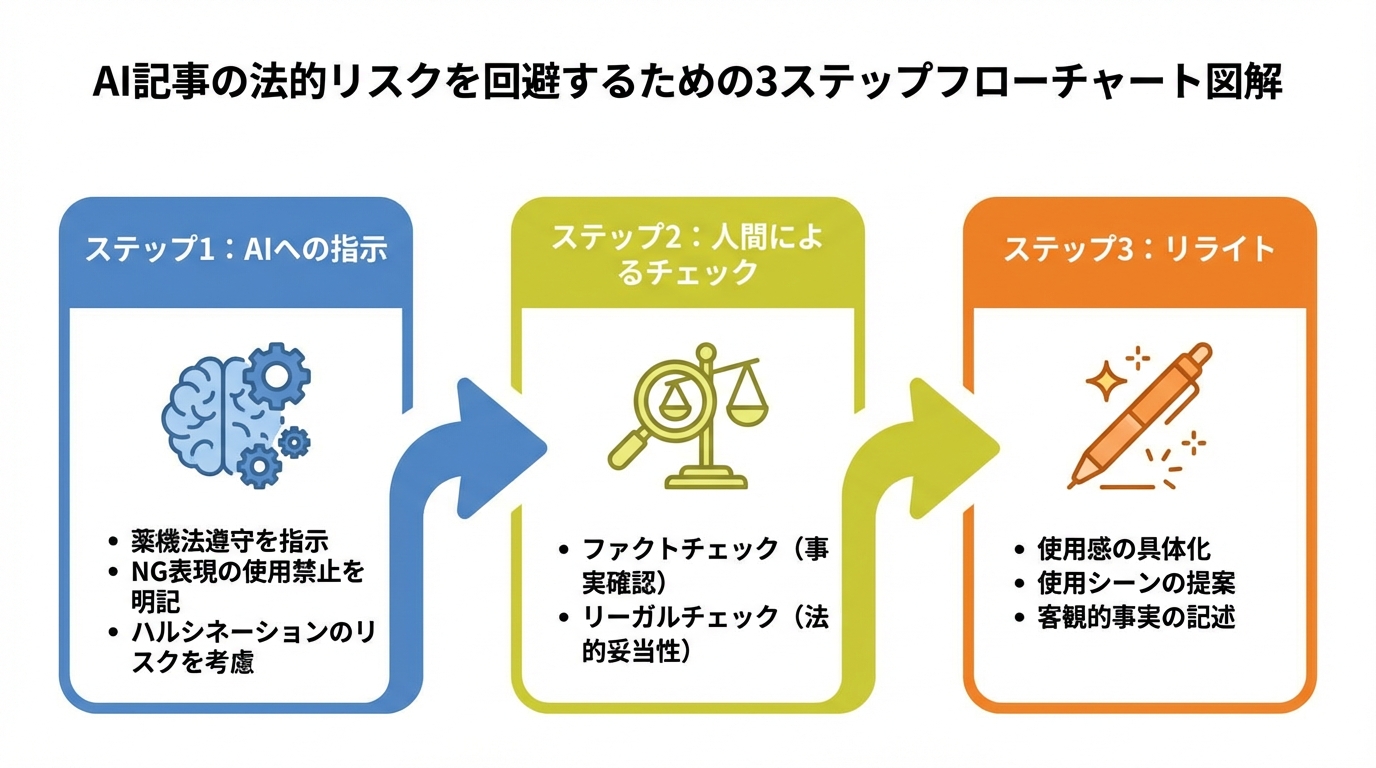 AI記事作成の法的リスクを回避するための3ステップ対策フローを示す図解