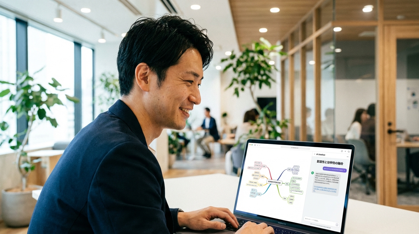 AIと協業して効率的に記事構成案を作成するコンテンツ制作者のイメージ写真。