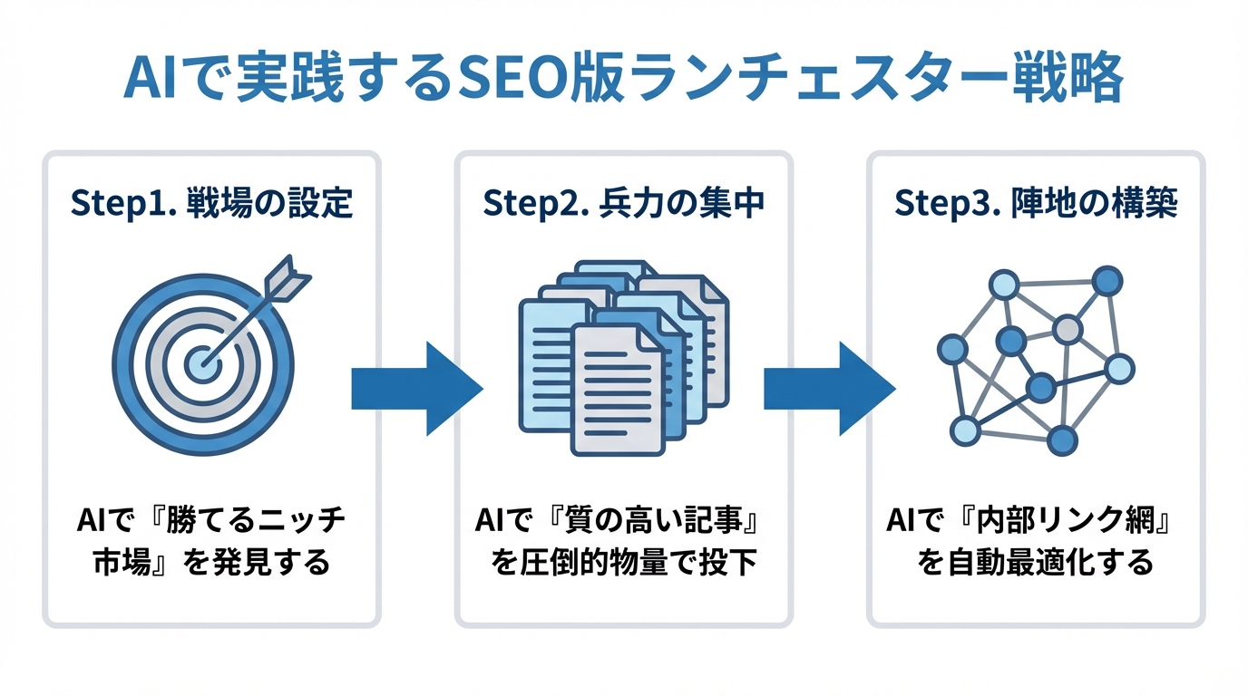 AIを活用したSEOランチェスター戦略の3ステップ。ステップ1は戦場の設定、ステップ2は兵力の集中、ステップ3は陣地の構築という流れを示した図解。