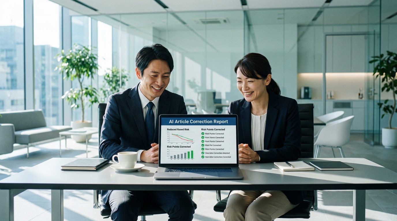 AIによる記事の自動修正機能を確認し、コンプライアンスリスクが解消されたことに安堵するメディア運営担当者。