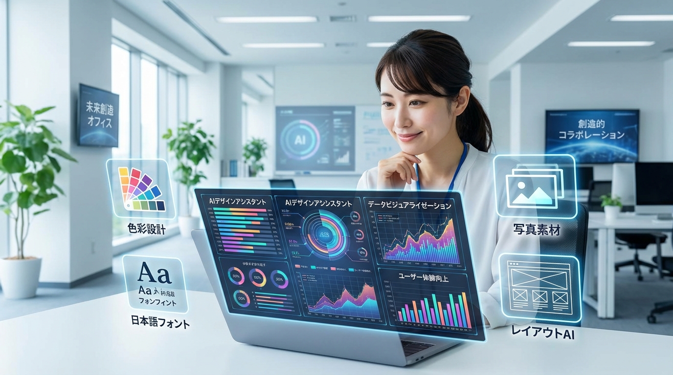 AIを搭載したデザインツールを使い、効率的に高品質な図解を作成しているウェブ担当者のイラスト。