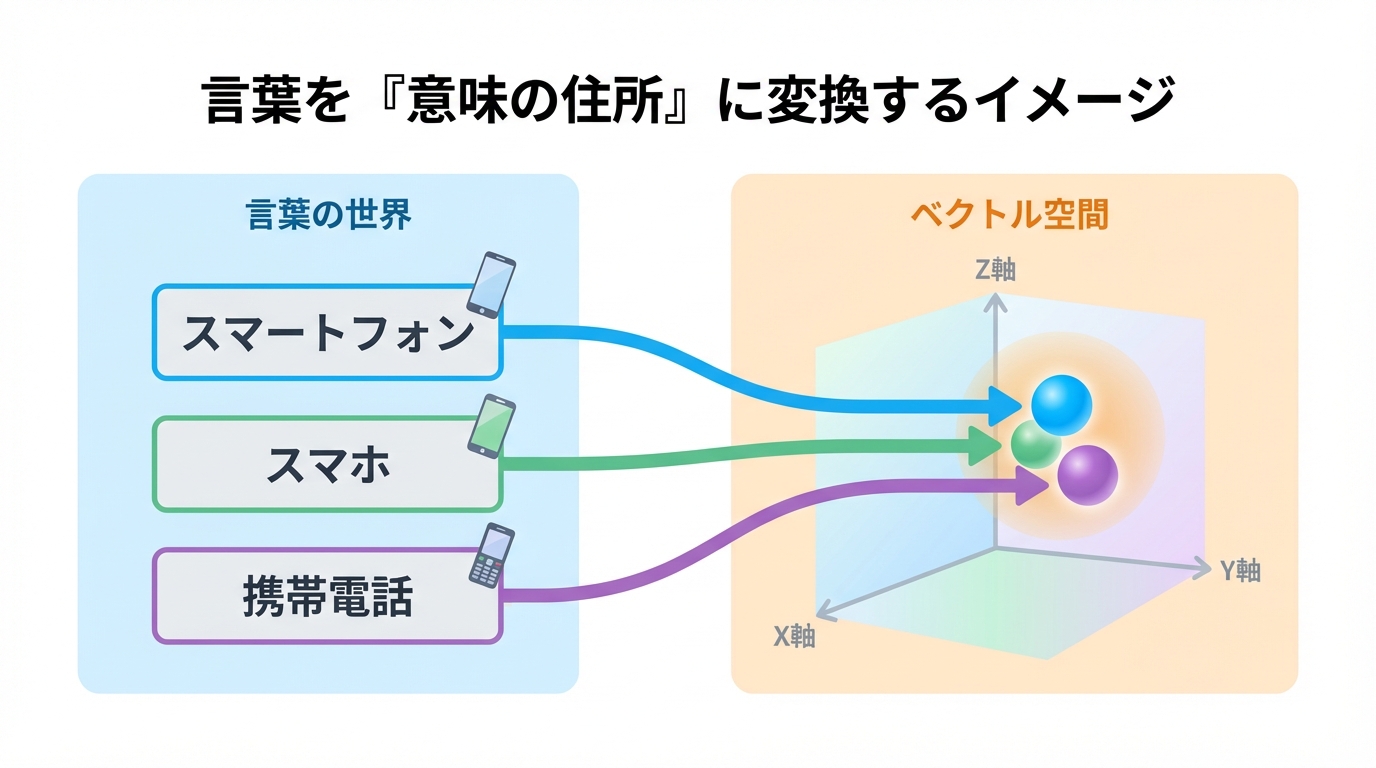 言葉を数値ベクトルに変換する「エンベディング」の仕組みを解説する図解。「スマートフォン」などの類義語がベクトル空間上で近い位置に配置される様子を示している。