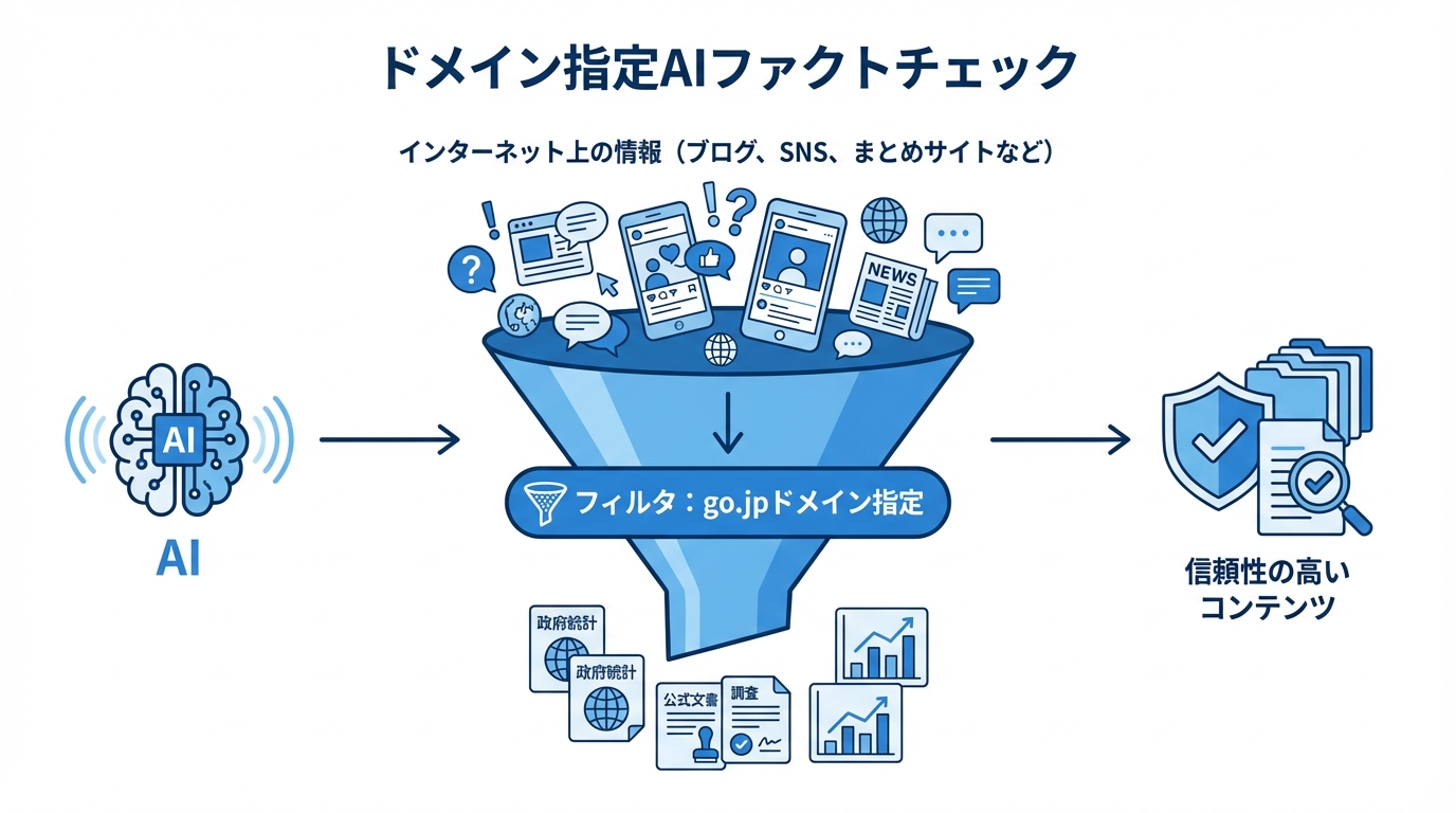 AIがインターネット上の膨大な情報から「go.jp」ドメイン指定というフィルタを通して信頼性の高い情報だけを抽出し、高品質なコンテンツを生成する仕組みの図解。