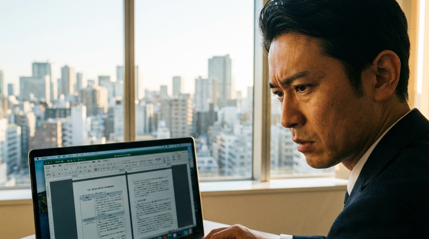 ノートパソコンを前に真剣な表情で情報を確認する中小企業の日本人経営者。専門的な情報を理解しようと努めている様子。