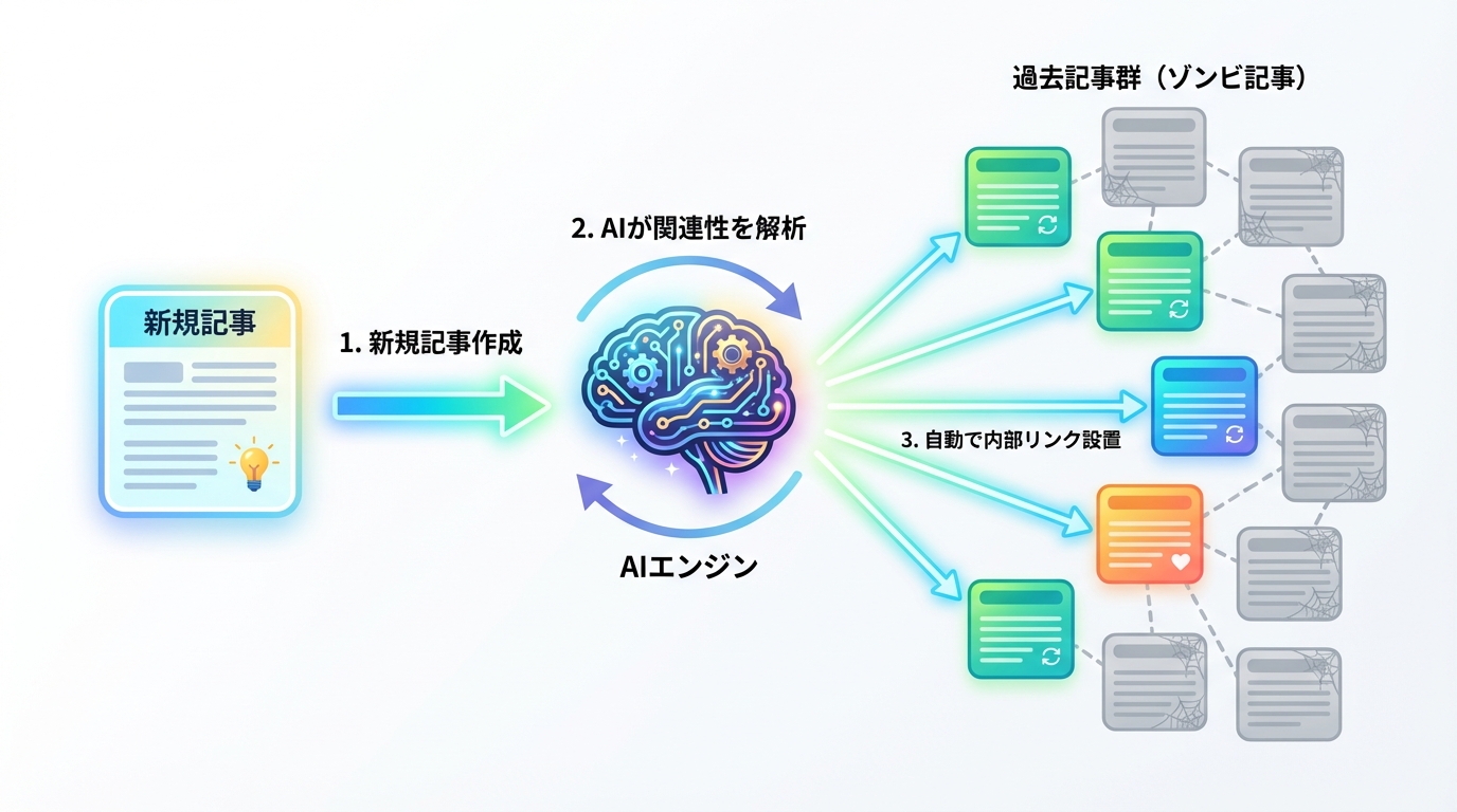 AIが新規記事作成をトリガーにして、関連する過去のゾンビ記事へ自動で内部リンクを繋ぎ、再評価のきっかけを作る仕組みの図解。