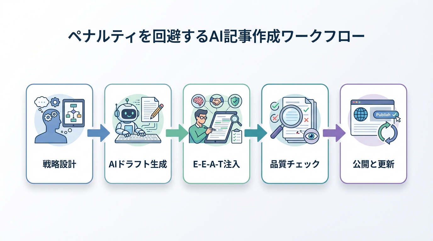 ペナルティを回避するためのAI記事作成5ステップのワークフロー図。戦略設計、AIドラフト生成、E-E-A-T注入、品質チェック、公開と更新の流れを示している。