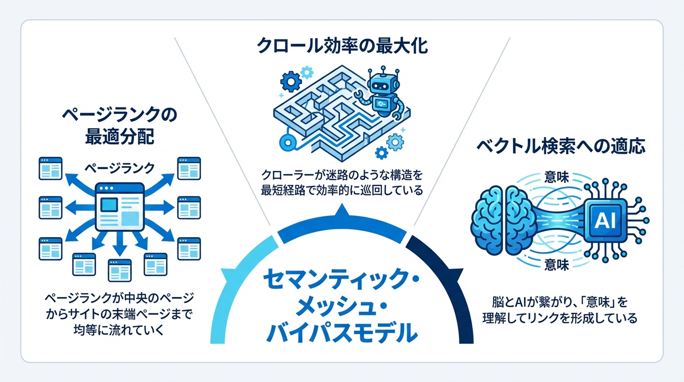 セマンティック・メッシュ・バイパスモデルが有効な3つの技術的根拠（ページランク最適分配、クロール効率最大化、ベクトル検索への適応）を示した図解。