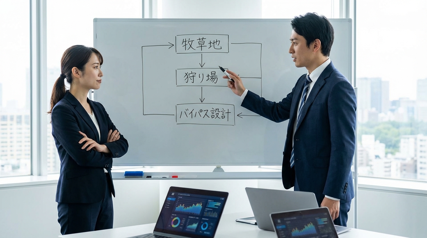 ホワイトボードの前で「牧草地」と「狩り場」モデルについて議論するビジネスパーソン。AI時代の新しいSEO戦略に集中する人間の姿を象徴している。