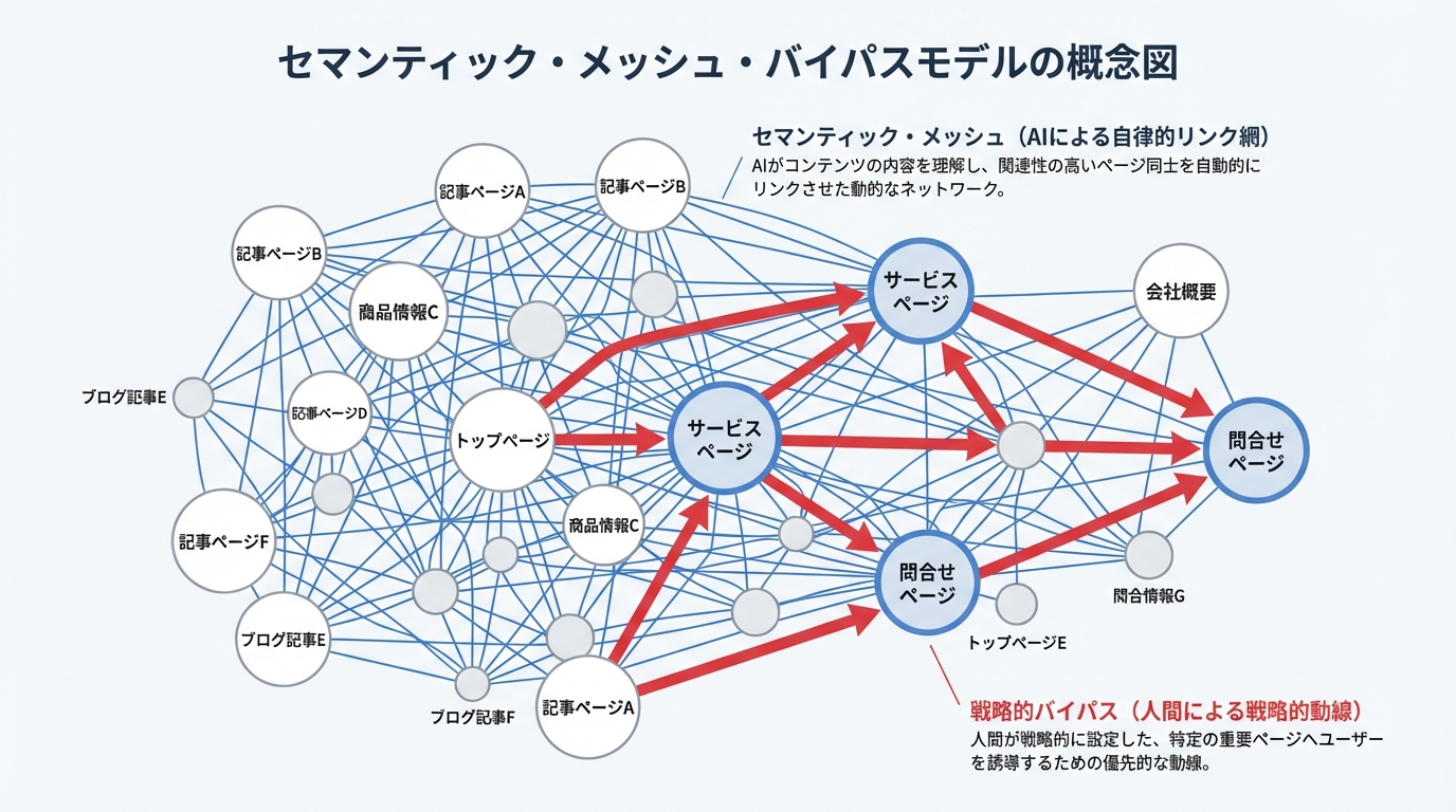 セマンティック・メッシュ・バイパスモデルの概念図。AIが構築する網目状のリンク（メッシュ）と、人間が設定する重要ページへの戦略的リンク（バイパス）が融合した構造を示している。