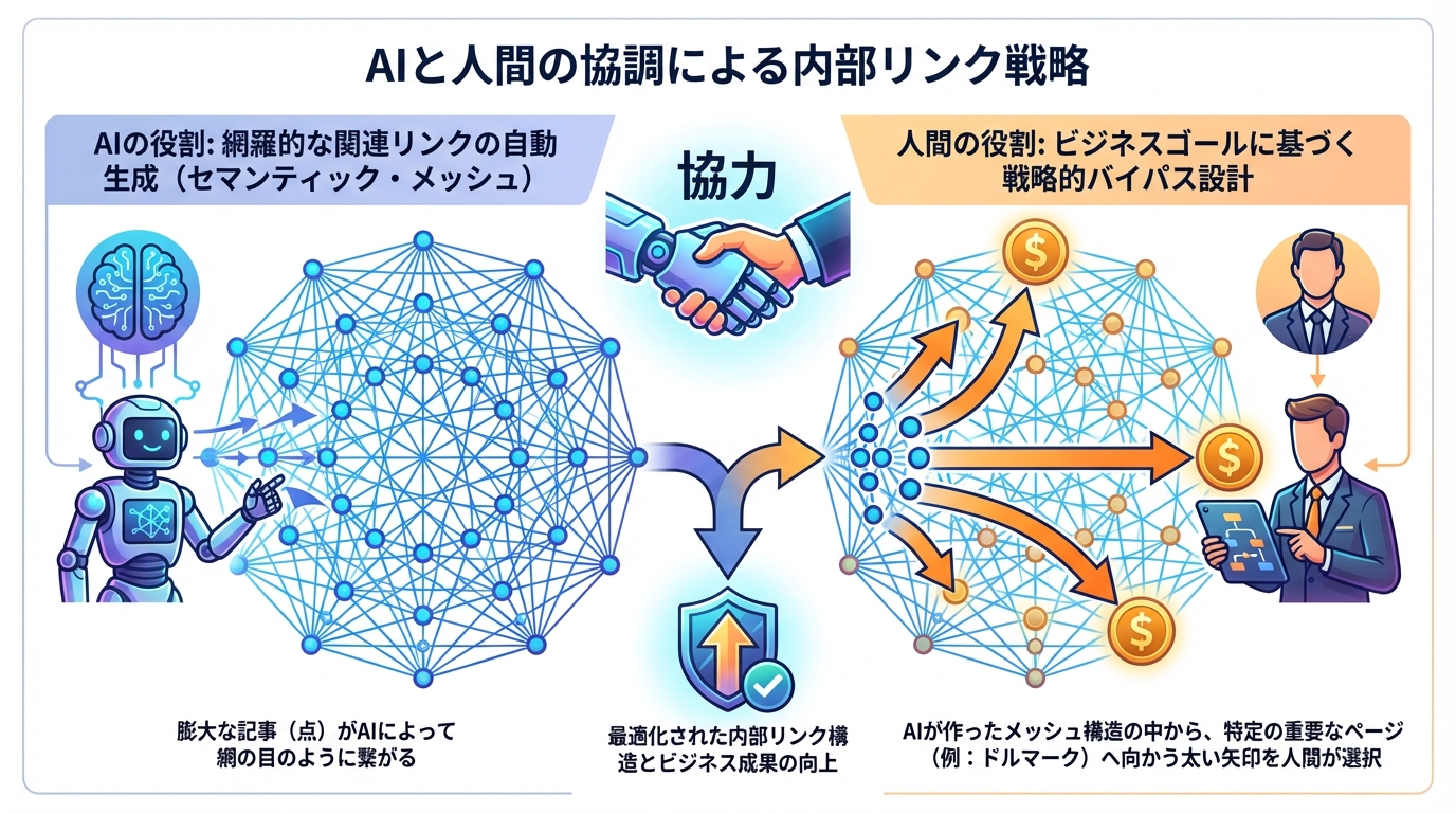 AIが網羅的なリンク網（メッシュ）を構築し、人間がビジネスゴールに基づき戦略的な動線（バイパス）を設計するという、AIと人間の協調モデルを示した図解。