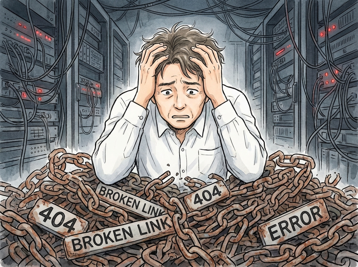 大量のリンク切れに気づき、頭を抱えるサイト管理者のイラスト。