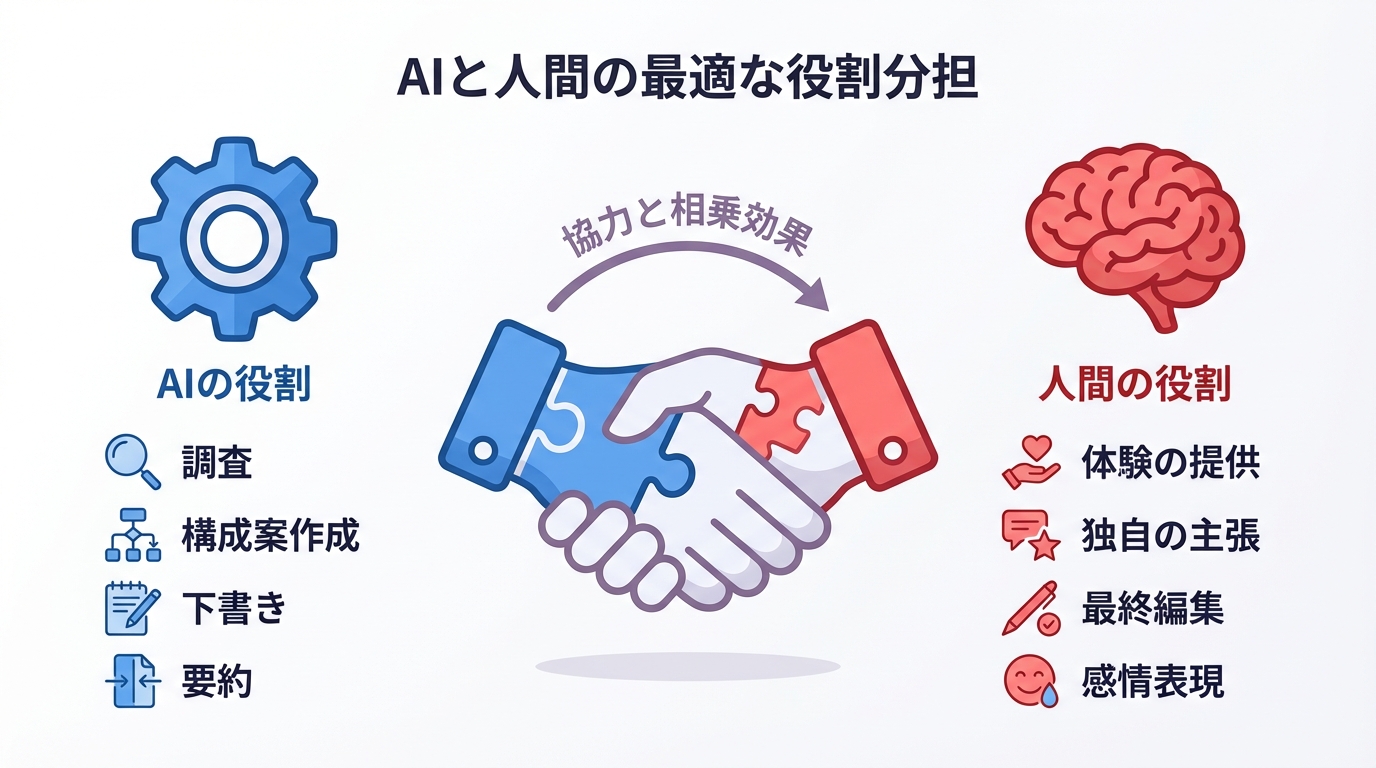 AIと人間の最適な役割分担を示した図解。AIは調査や下書き、人間は体験の提供や最終編集を担当する協業モデル。