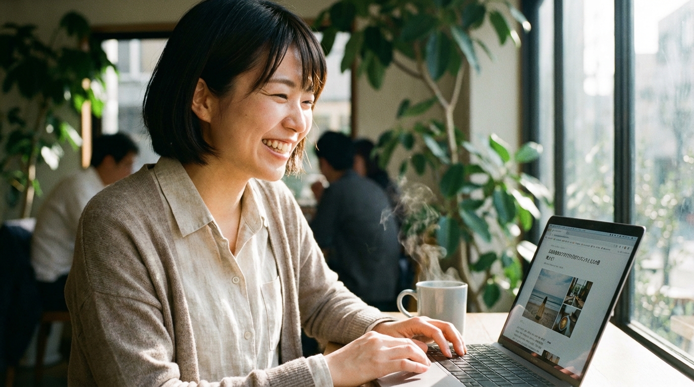 AIが生成したリード文をリライトし、完成した記事に満足しているブロガー。