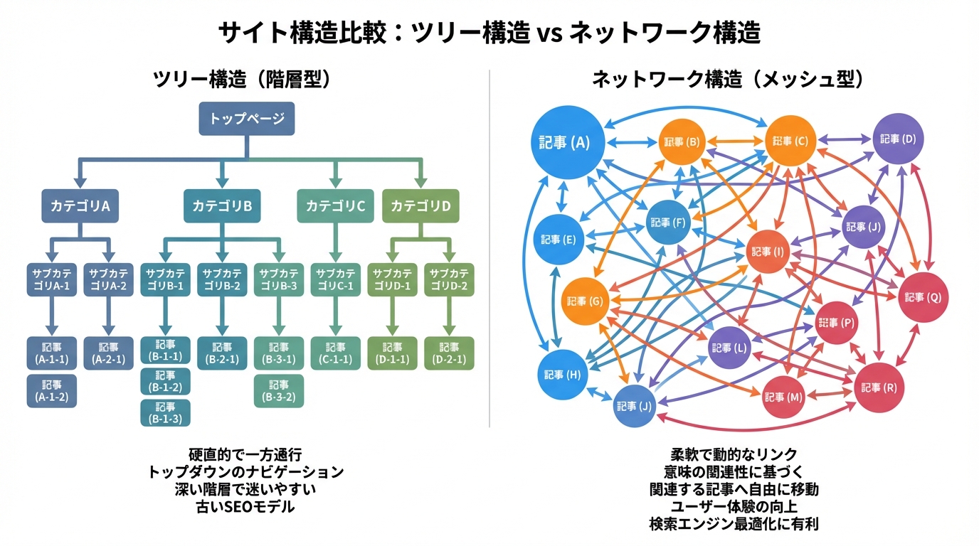 従来のツリー構造とAIが実現するネットワーク構造の比較図。ツリー構造は情報がサイロ化し、ネットワーク構造は情報が網の目のように繋がっている様子を示している。