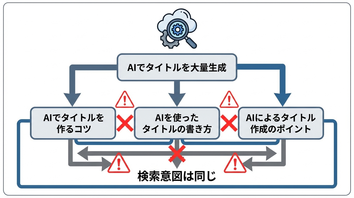 AIによるタイトル大量生成がキーワードカニバリゼーションを引き起こす仕組みの図解。多様な表現のタイトルが結果的に同じ検索意図を狙ってしまい、互いに競合する様子を示している。