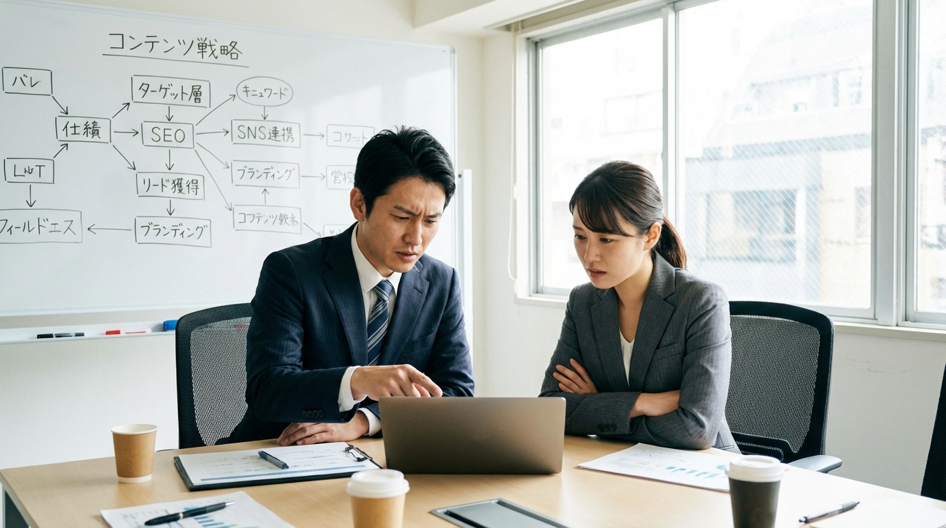 新規記事を作成するかリライトするか、判断に迷っている2人のコンテンツマーケター。