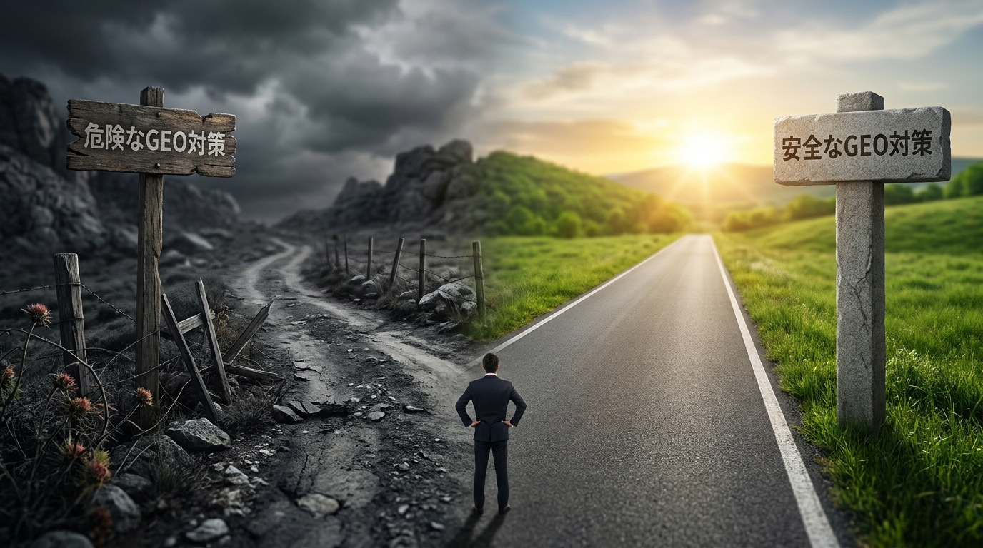 Man in a suit stands at a crossroads between two signposts: '危険なGEO対策' (dangerous GEO measures) on a dark, rocky path and '安全なGEO対策' (safe GEO measures) on a sunny road ahead, sunrise in distance.