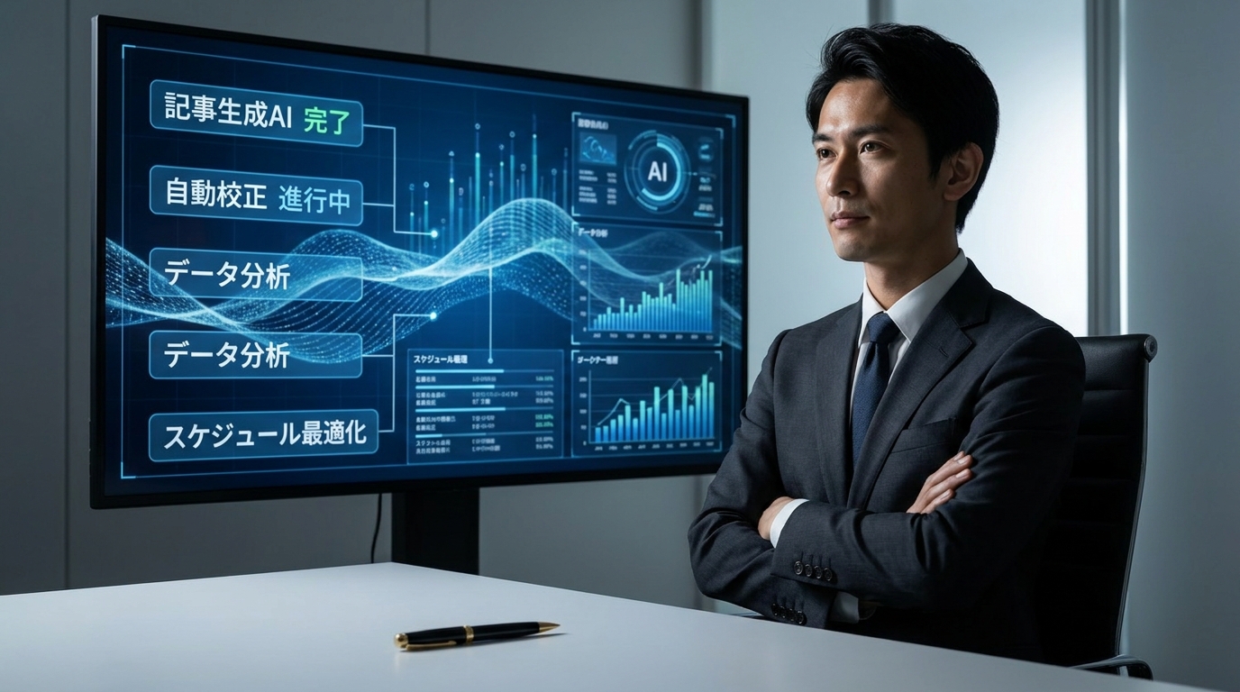 Businessman in a suit sits with arms crossed beside a large monitor displaying AI data and charts.