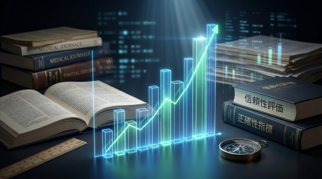 Open book and stacks of textbooks with a glowing 3D bar chart showing rising growth alongside a compass and ruler, symbolizing research and progress.
