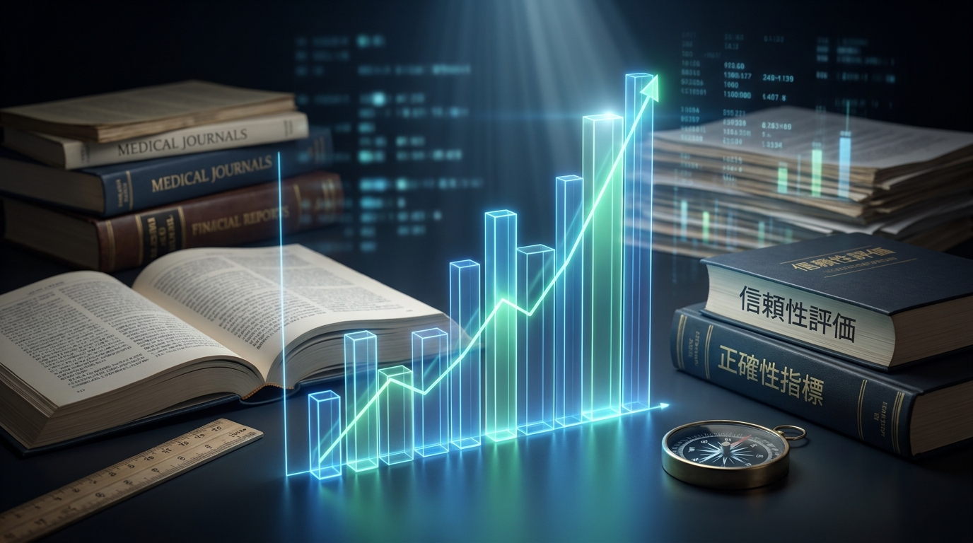 Open book and stacks of textbooks with a glowing 3D bar chart showing rising growth alongside a compass and ruler, symbolizing research and progress.