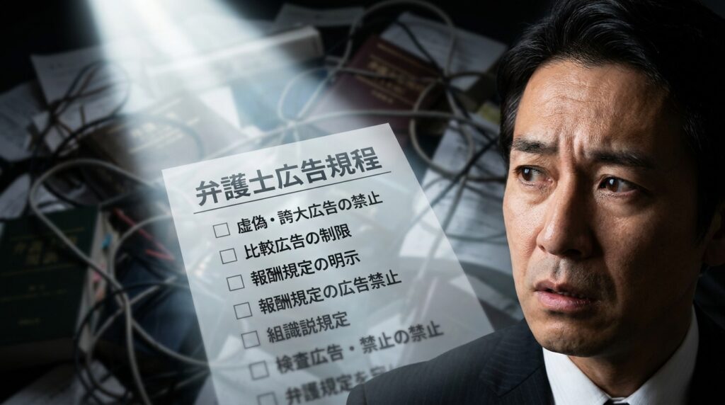 A concerned man in a suit looks to the side while a transparent checklist labeled 弁護士広告規程 sits on a cluttered desk nearby.