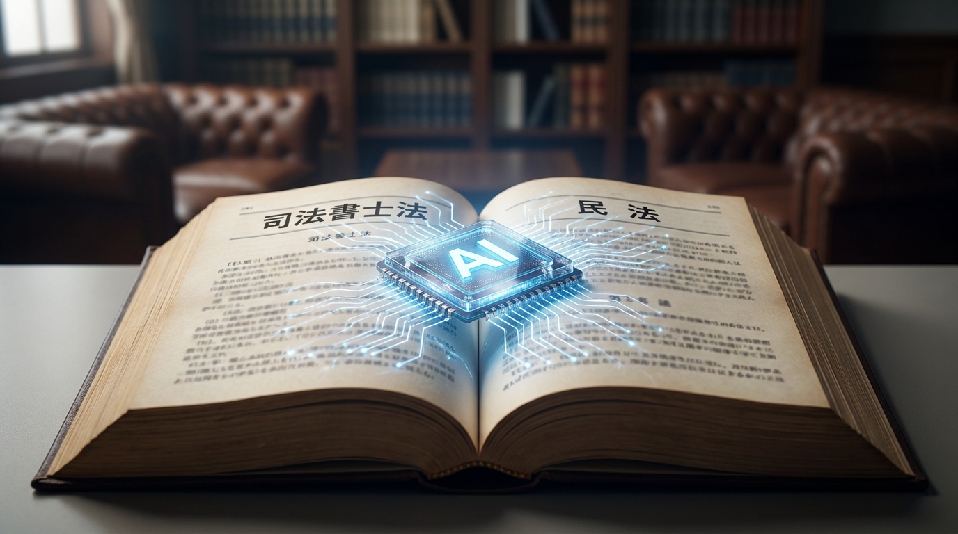 Open law book with a glowing blue AI chip at the center, circuitry extending across the pages in a library setting (legal texts in Chinese).