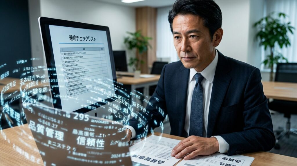 Businessman in a dark suit reviews documents at a desk as futuristic data overlays swirl around the computer screen in front of him.