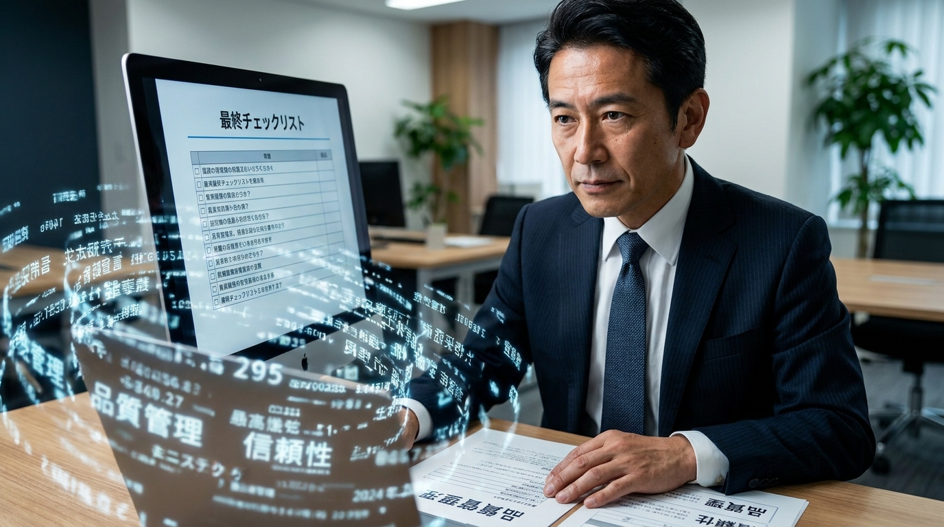 Businessman in a dark suit reviews documents at a desk as futuristic data overlays swirl around the computer screen in front of him.