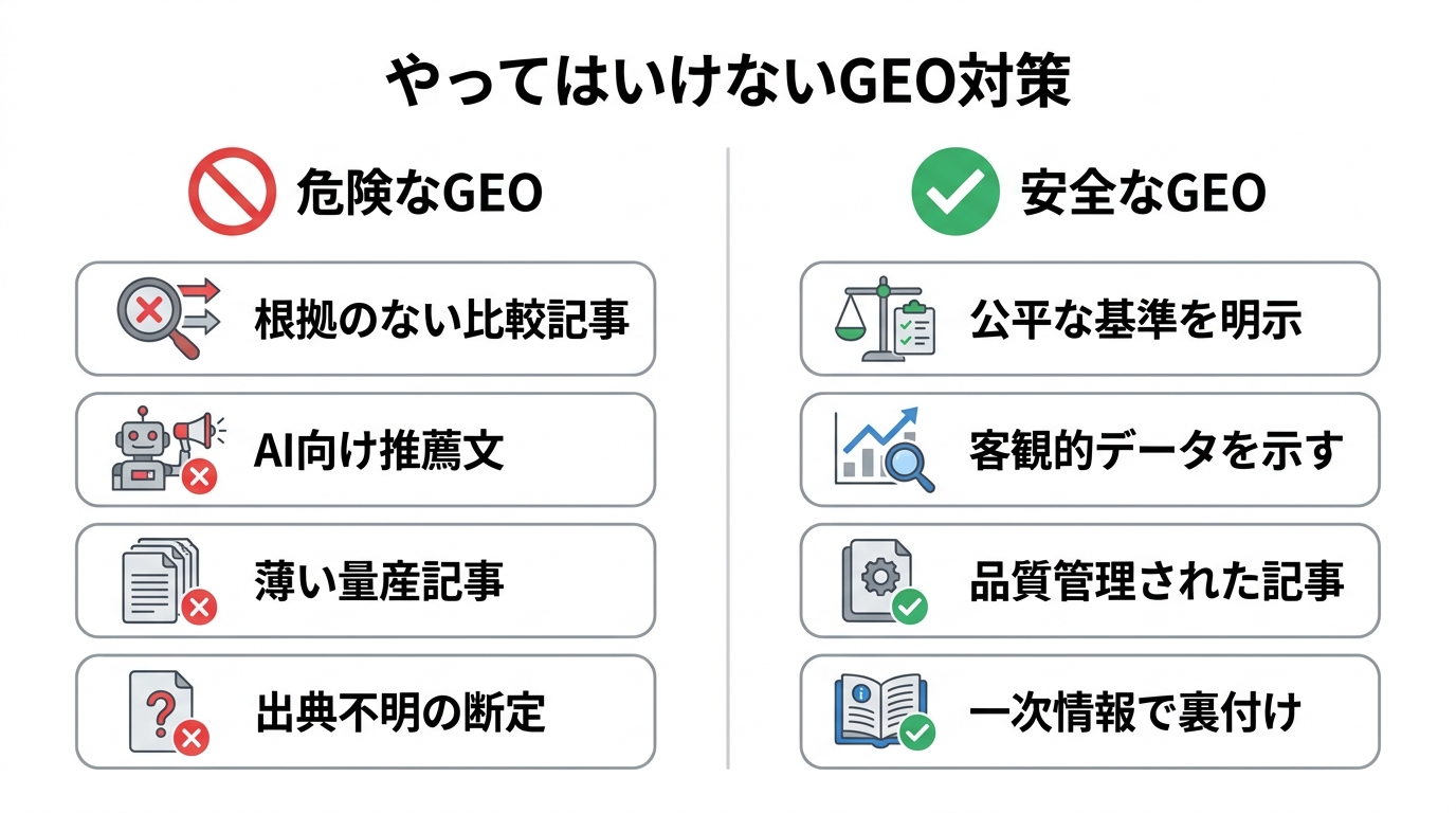 やってはいけない危険なGEO対策と、推奨される安全なGEO対策を比較した図解。危険な例として根拠のない比較や量産記事、安全な例として公平な基準や一次情報の活用が挙げられている。