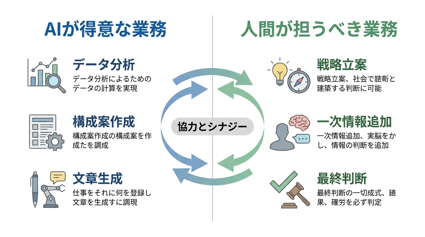 AIと人間の最適なタスク分担を示す図解。AIは調査やたたき台作成、人間はテーマ設計や最終判断など付加価値の高い業務を担う。
