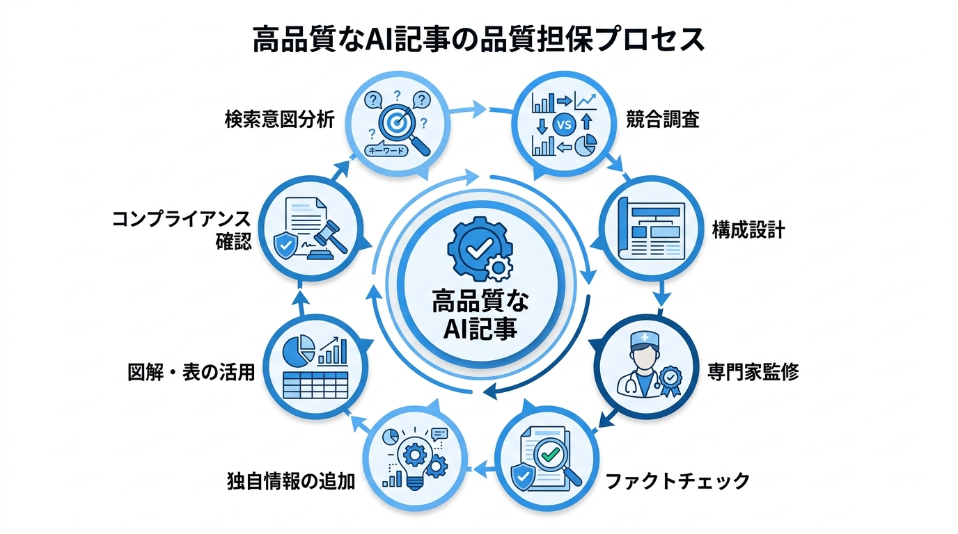 YMYL領域でAI記事の品質を担保するための重要なプロセスを示した図解。検索意図分析や専門家監修などが含まれる。