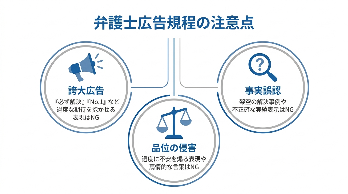 AIコラムで注意すべき弁護士広告規程の3つのポイント（誇大広告、事実誤認、品位の侵害）をまとめた図解。