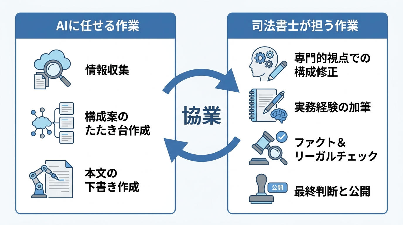 司法書士とAIの記事作成ワークフロー。AIが情報収集や下書きを行い、司法書士が専門的知見の加筆やリーガルチェックを行うという協業プロセスを示した図解。