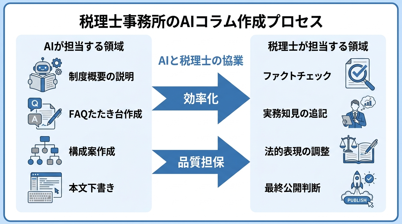 AIと税理士の役割分担を示した図解。AIは下書き作成などの作業を効率化し、税理士はファクトチェックや専門的知見の追記といった品質管理に専念する。
