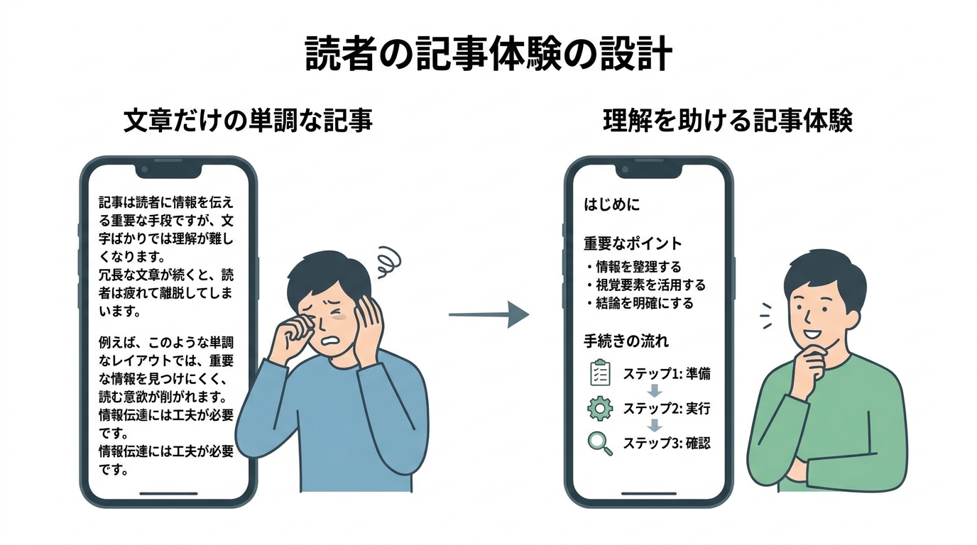 文章だけの記事と図解を含む記事の比較図。図解があることで読者の理解が深まり、記事体験が向上することを示している。