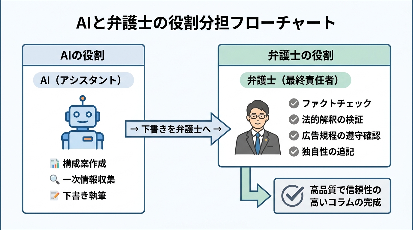 AIと弁護士の安全なコラム運用ワークフローを示す図解。AIが下書きを作成し、弁護士が最終確認と品質保証を行う役割分担を示している。
