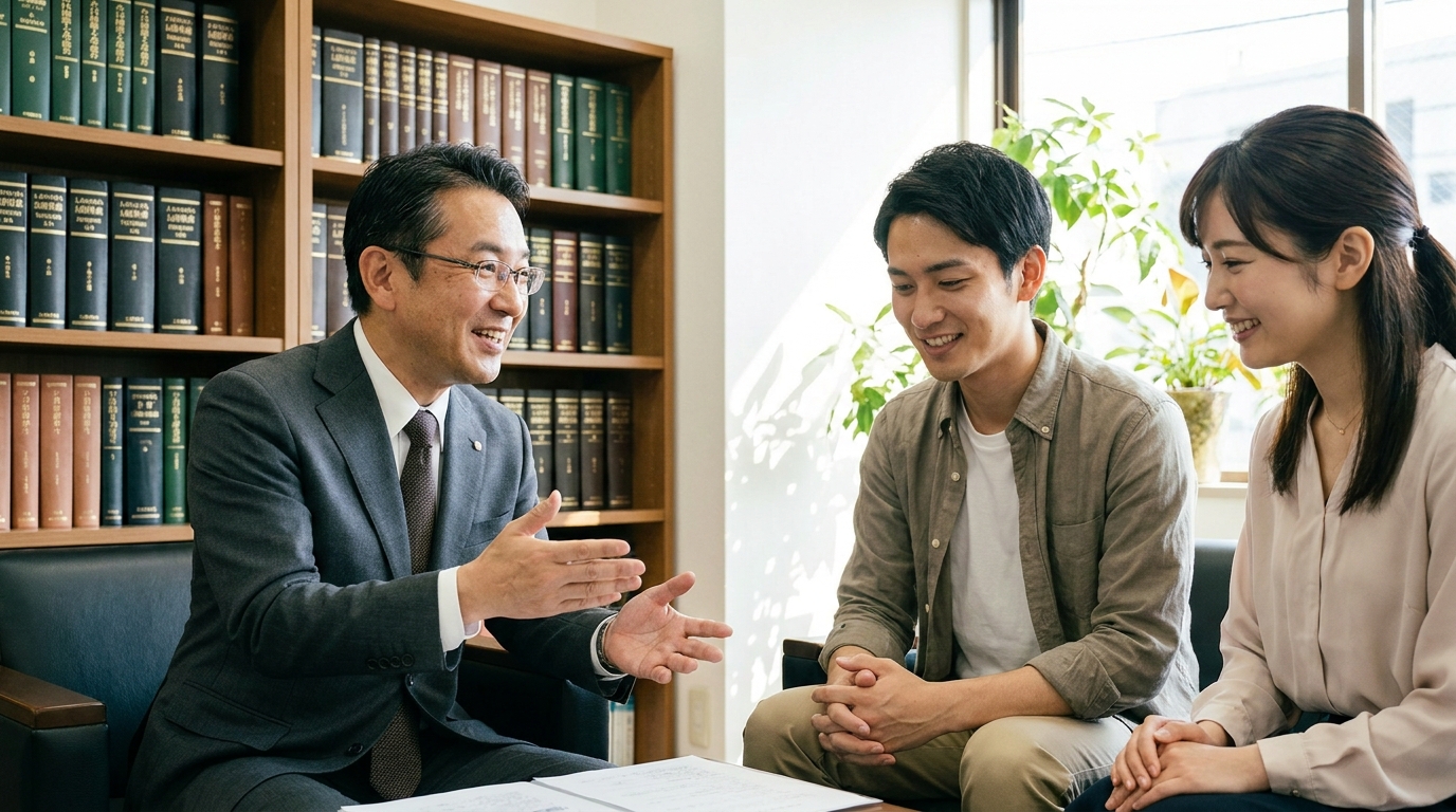 司法書士が相談者の夫婦に親身に説明している様子。専門家の信頼性と安心感を象徴している。
