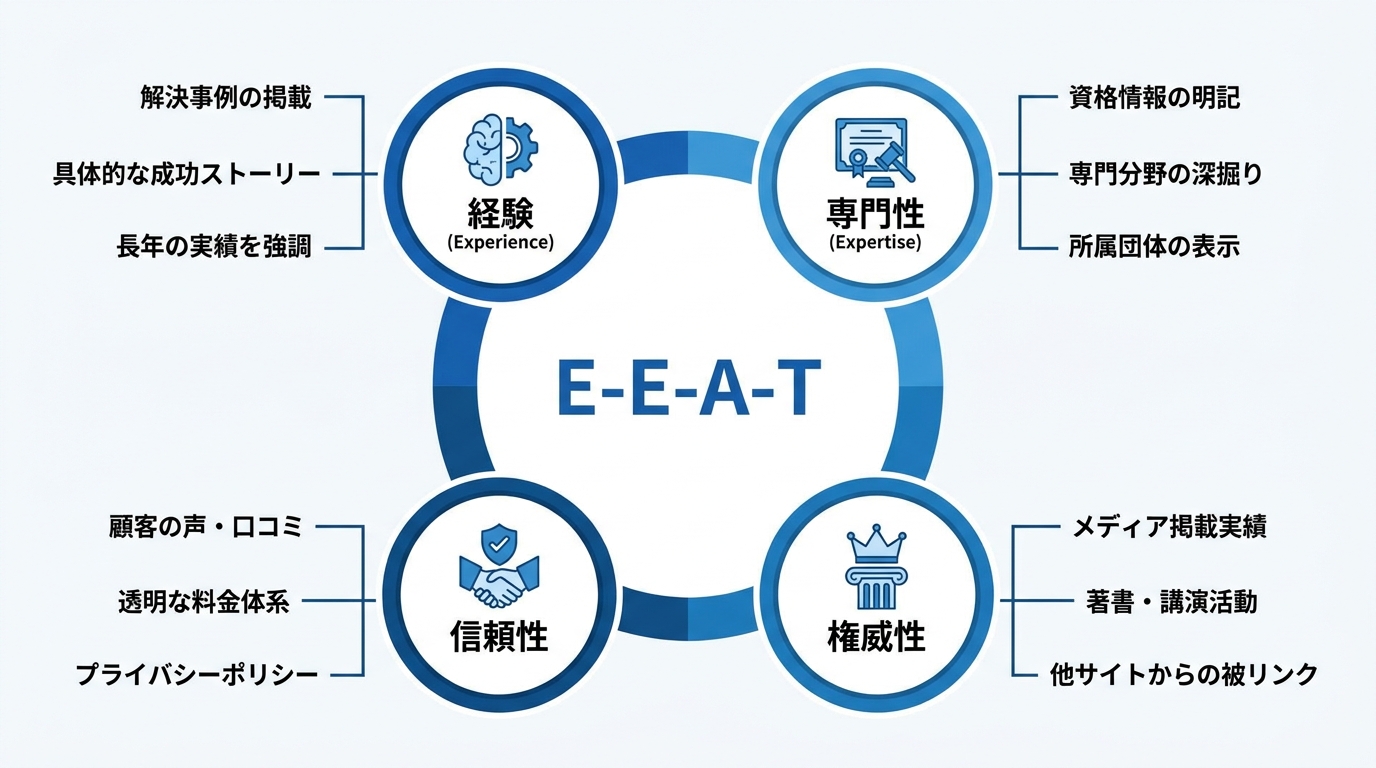 士業サイトにおけるE-E-A-Tの4要素（経験、専門性、権威性、信頼性）を具体例と共に解説した図解。サイトの信頼性を証明するためのポイントがまとめられている。