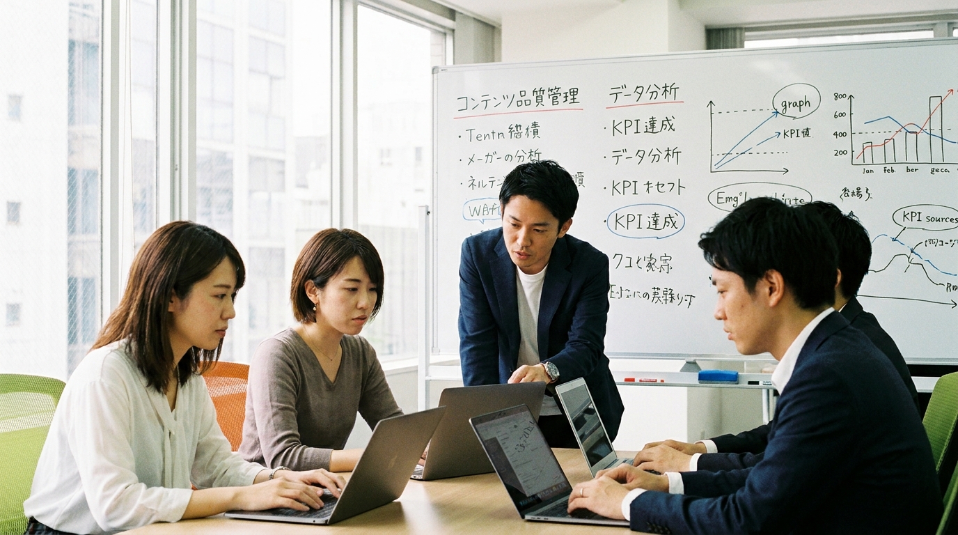 企業のオフィスで、Web制作会社の担当者たちがAI記事の品質基準について議論している様子。安全なGEO対策をチームで実践する重要性を示している。