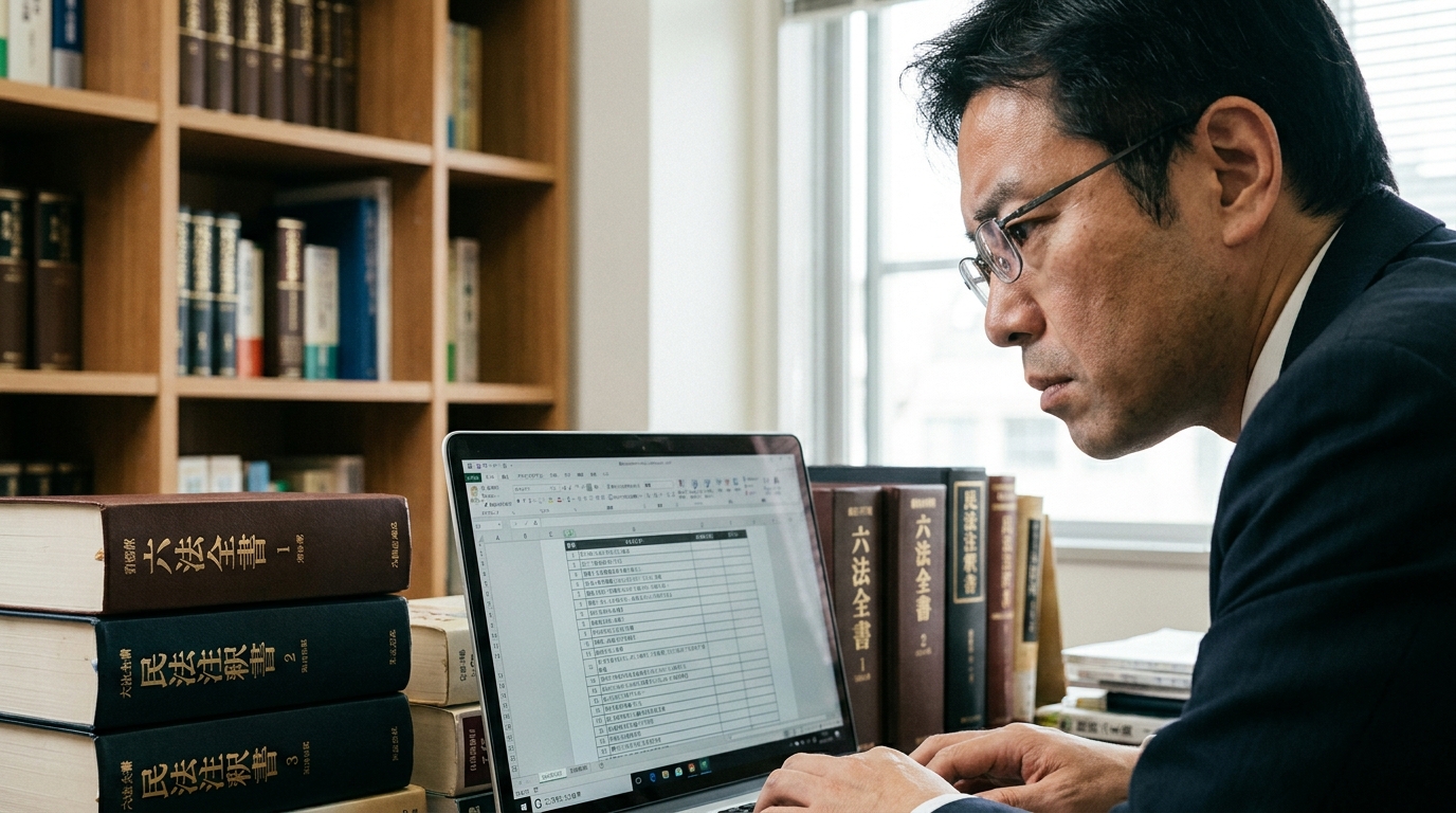 AIが生成した法律コラムの品質管理チェックリストを真剣な表情で確認する弁護士。