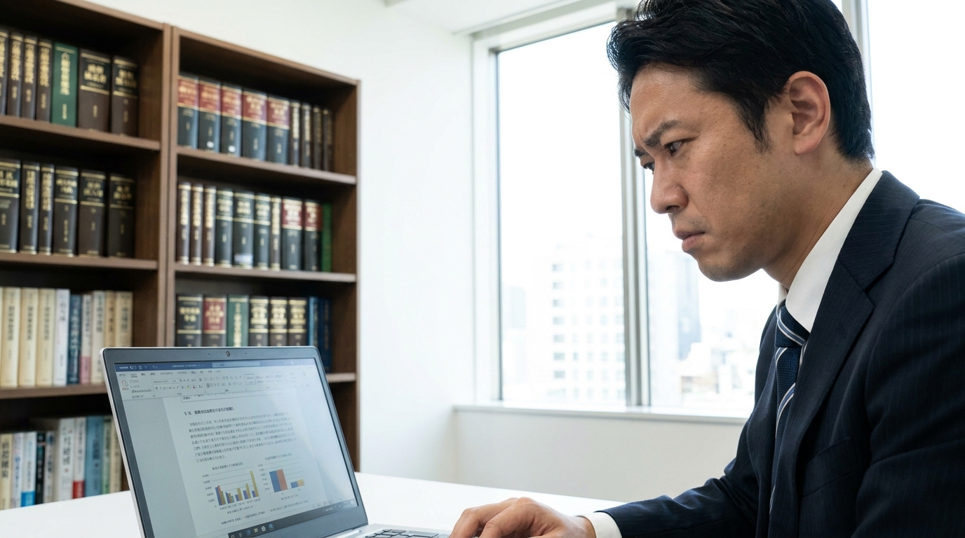 法律事務所で弁護士がAIが作成した記事のリーガルチェックを行っている様子。専門家による最終確認の重要性を示している。